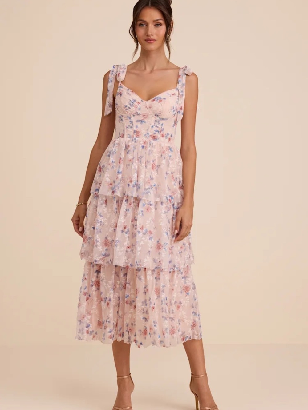 Lulu's Blush Pink Floral Tiered Midi Dress with Tie Straps